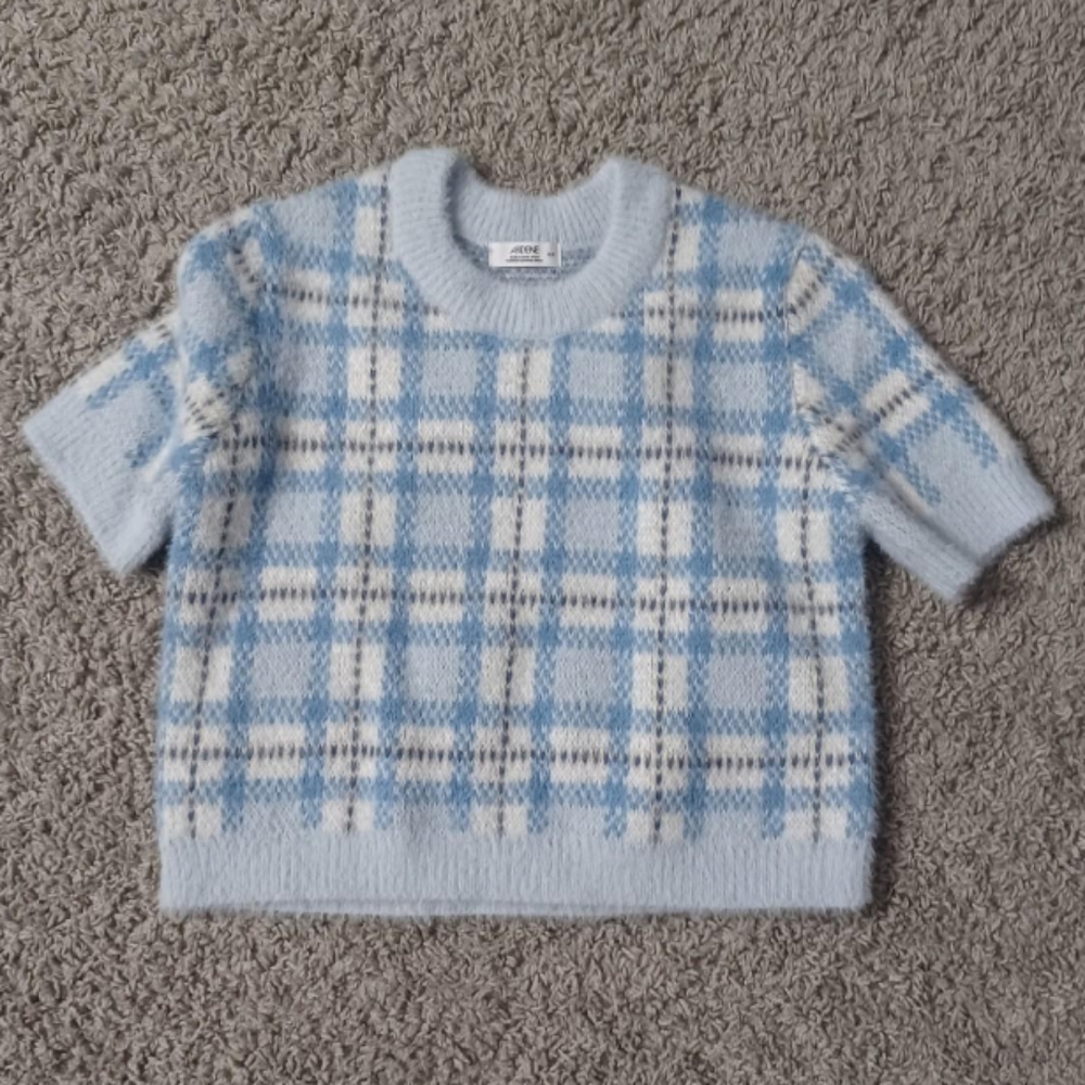 Zara Blue and White Plaid Knit Sweater